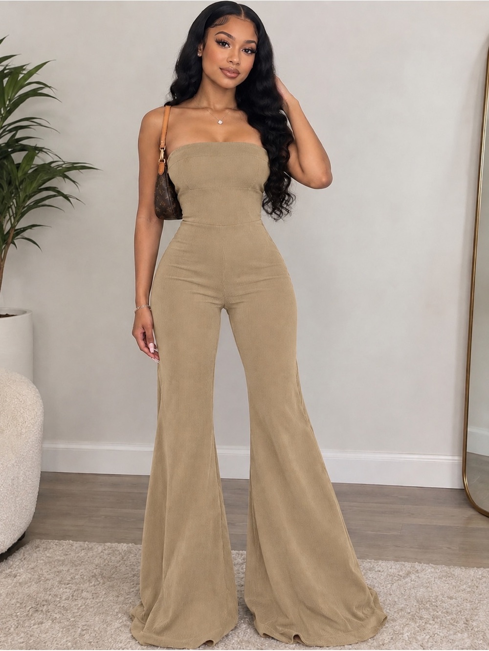 High-Waist Olive Green Romper Ribbed Palazzo Pants